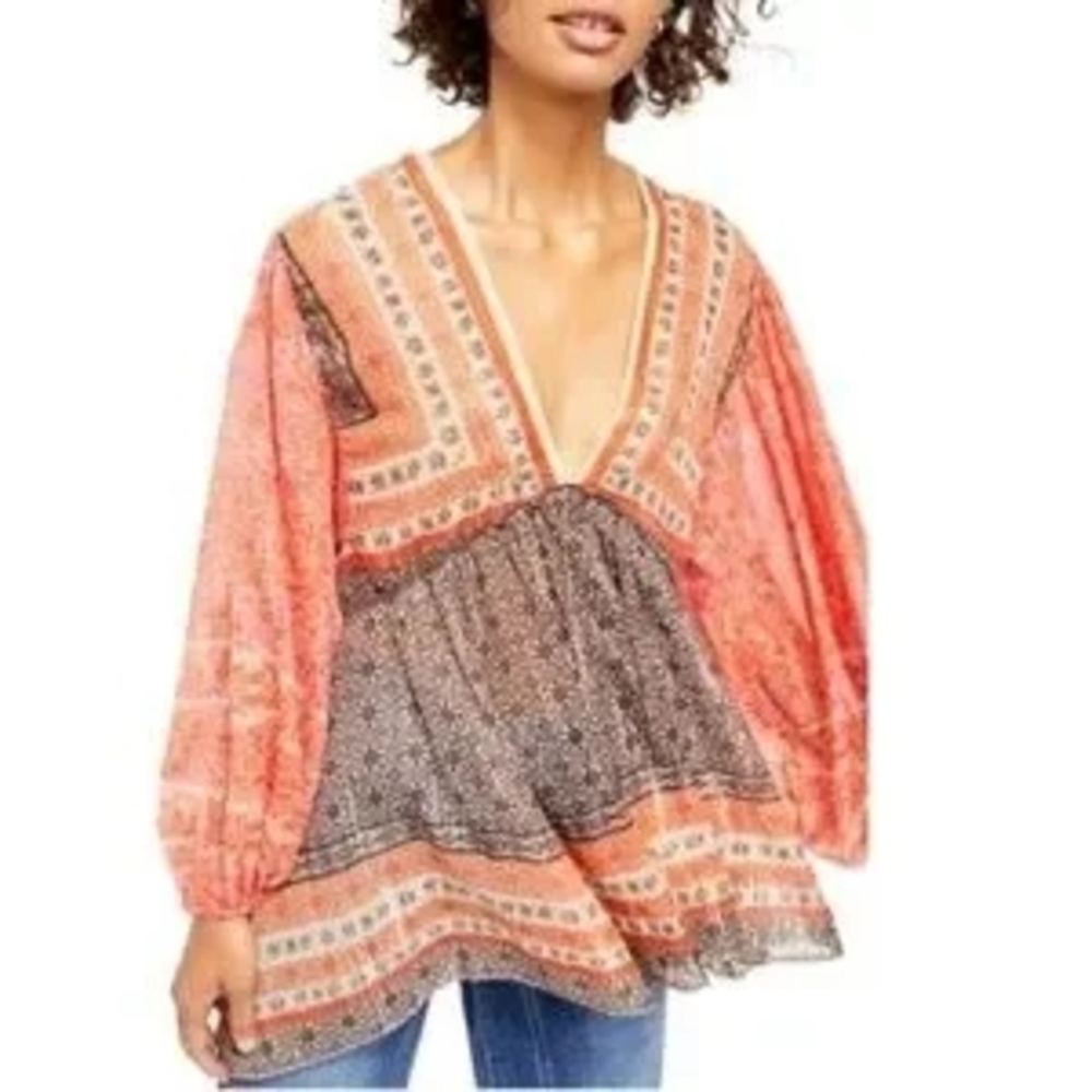 Bohemian V-Neck Blouse in Orange and Brown